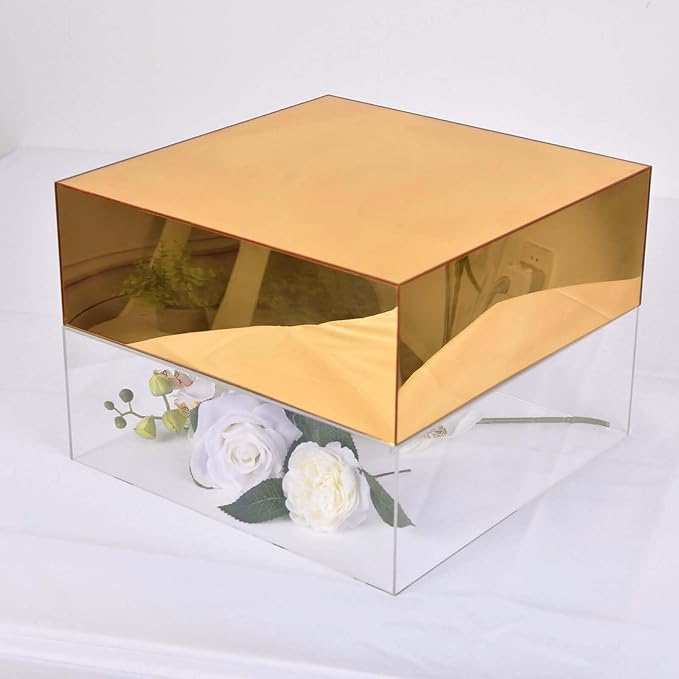 Efavormart 14"x14" | Gold Acrylic Cake Box Stand, Mirror Finish Display Box Pedestal Riser with Hollow Bottom