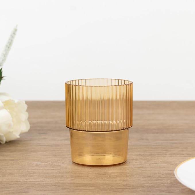 TCF Linen 12 Pack Amber Gold Plastic Tumblers, 7oz Stackable Ribbed Reusable Shatterproof Short Drinking Glasses, Elegant Origami Design for Weddings Parties Catering Cocktails