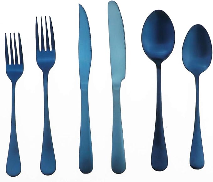 Gugrida 24-Piece Titanium Blue Plated Stainless Steel Flatware Set, Travel Cutlery Include Knife Fork Spoon Service for 4,Healthy & Eco-Friendly Silverware - Matte Elegant Modern Eating Utensils