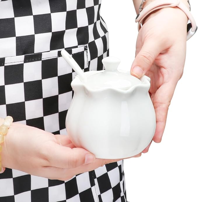 Ceramic Sugar Bowl with Lid and Spoon, Flower-Shaped Porcelain Salt Storage Jar, White Seasoning Container for Home and Kitchen, 9 Ounces
