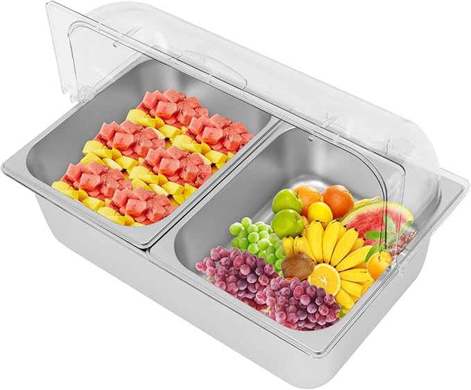 2 Pans Countertop Food Serving Display Container, Stainless Steel Flip-Top Fruit Tray with Clear Roll Top Cover, Buffet Chilled Condiment Container for Restaurant Hotel Kitchen