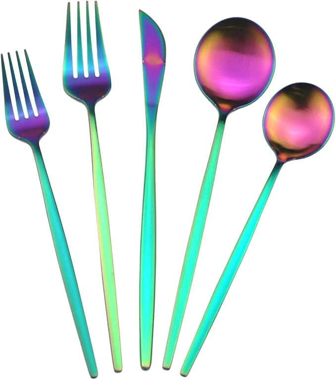 30 Pieces Titanium Iridescent Plated 304 Stainless Steel Flatware Sets, Satin Finish Rainbow Silverware Set Include Dinner Knife Fork Spoon, Cutlery Set,Matte Polished Utensils Service for 6