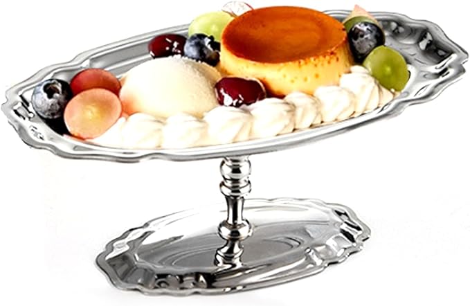 Footed Dessert Serving Tray, Silver Oval Serving Tray, Sturdy Steel Dessert Platter, Elegant Compact Fruit Cake Holder for Home Kitchen Hotel Restaurant Wedding