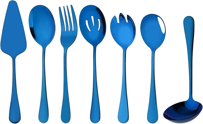 7 Pcs Purple Serving Utensils, Stainless Steel Flatware Serving Set, Include Cake Server/Slotted Spoon/Serving Spoon and Fork/Soup Ladle, Serveware Set for Buffet and Party