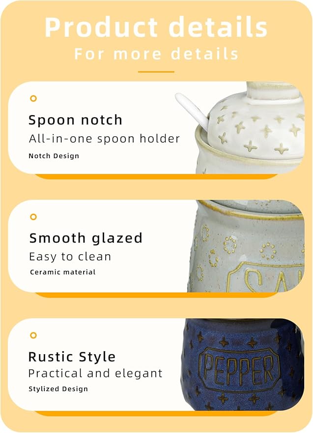 GDCZ 10 Oz Ceramic Salt and Pepper Bowls Set with Lid and Spoons, Seasoning Container, Dishwasher Safe, Set of 2 (Blue)