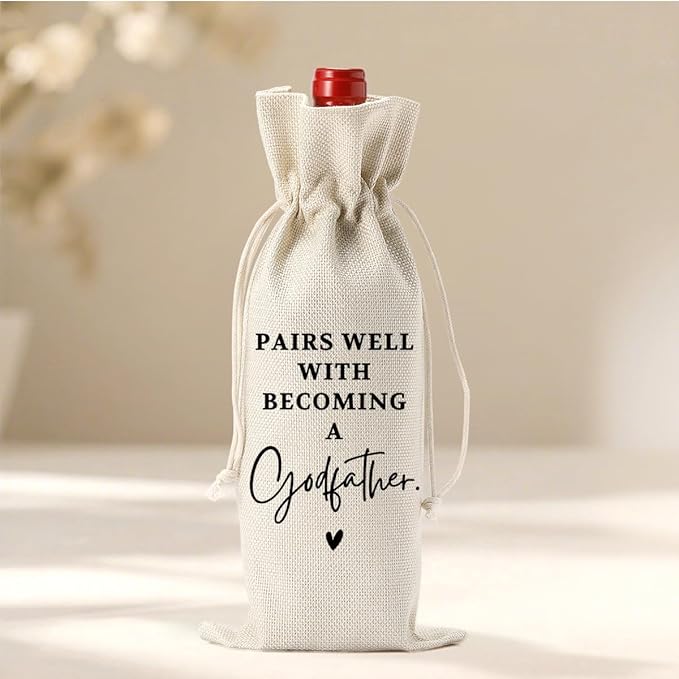 KongMoTree Godfather Proposal Gifts, Godfather Gifts Wine Bag, Godparents Proposal Gift, Pairs Well With Becoming a Godfathers Burlap Bottle Bags With Drawstring for Baby Shower Pregnant Reveal