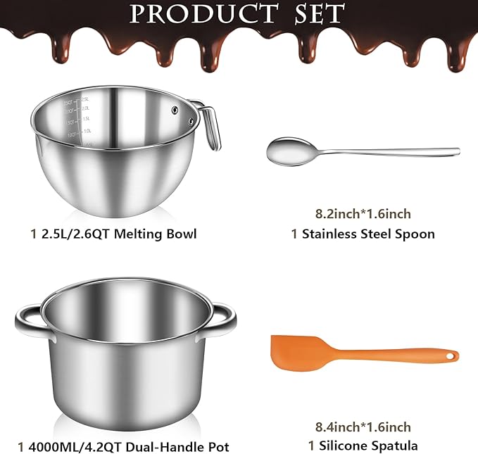Artcome 304 Stainless Steel Double Boiler Set - 2.6QT Melting Bowl with Scale and Handle - 4.2QT Dual-Handle Pot - Stackable Water Bath Melting Pot Set for Butter, Chocolate, Wax, Sugar, Candle