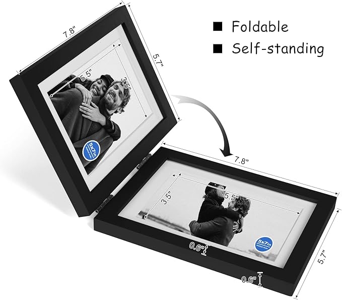 5X7 Double Wooden Hinged Picture Frame Vertical and Horizontal in Black, Display 4x6 with Mat or 5x7 without Mat, Folding Photo Frame with Real Glass Front for Tabletop P-HEI-SH57