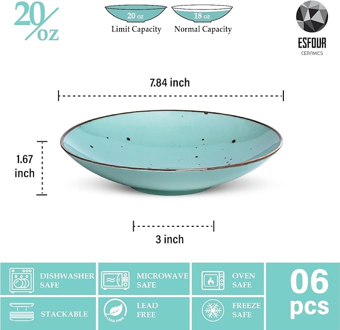 Esfour Ceramic 7.84inch Serving Bowls - Set of 6 | 20 Oz Large Pasta Salad Bowls, Microwave/Oven Safe, Wide Shallow Porcelain Bowls for Party, Dinner, Entertaining, Stackable - Natural Assorted Colors