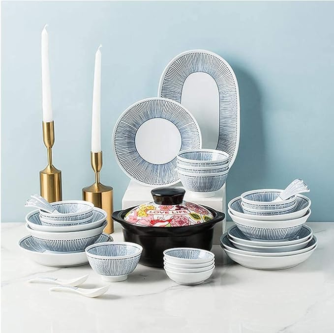 Elegant Fine Dinnerware Set,White Porcelain Dinnerware Set with Blue Line Stripes, Ceramic Plates and Bowls Sets, Unique Dish Set for Parties or Everyday Use,Service for