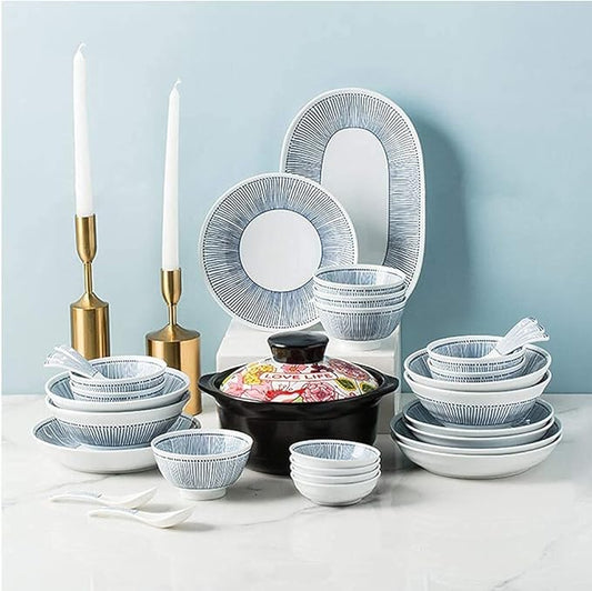 Elegant Fine Dinnerware Set,White Porcelain Dinnerware Set with Blue Line Stripes, Ceramic Plates and Bowls Sets, Unique Dish Set for Parties or Everyday Use,Service for