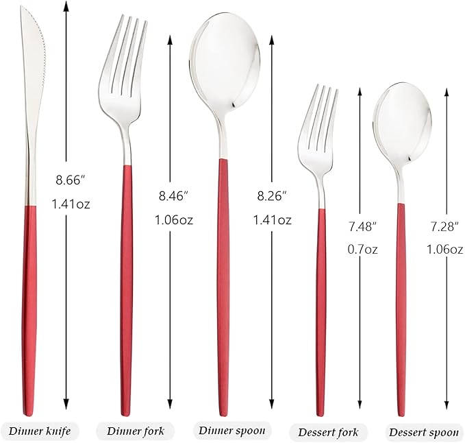 30-Piece Snplowum Mirror Flatware Serving Set, 18/0 Stainless Steel Dinnerware With Red Handle, Modern Durable Home Kitchen Eating Tableware Set Service For 6 (Red Silver)