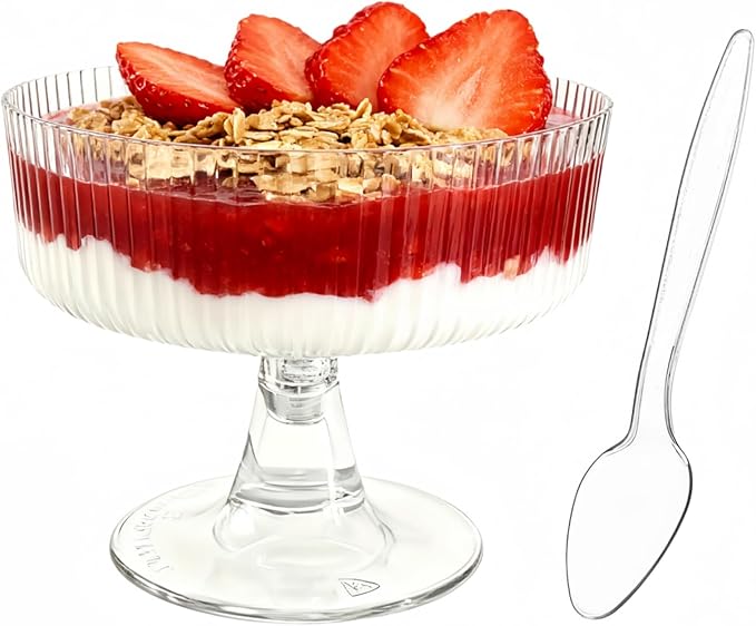 40 Pack 6.8 oz Clear Ribbed Dessert Cups with Spoons, Ice Cream Bowl with Retro Stripes, Mini Dessert Shooter for Pudding Fruit, Elegant Parfait/Sundae Bowls for Christmas Party & Home Use
