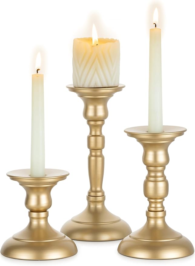 Sziqiqi Gold Candle Holders Decor: Candle Holders for Pillars Candlesticks - Taper Candleholders Set of 3 for Wedding Table Fireplace Mantel Holiday