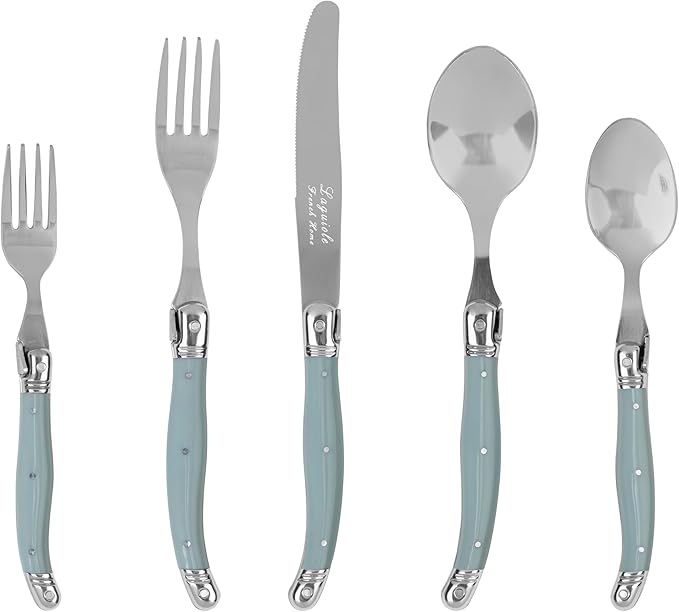 French Home Laguiole Connoisseur 20-Piece 18/10 Stainless-Steel Misty Blue Flatware Set