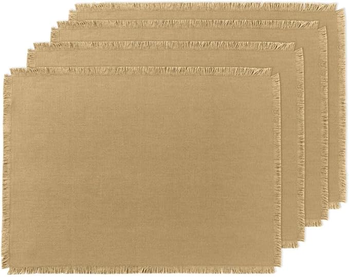 Solino Home Fringe Linen Placemats Set of 4 - 14 x 19 Inch Placemats Kelp - 100% Pure Linen Table Mats for Christmas, Holiday, New Year - Handcrafted and Machine Washable