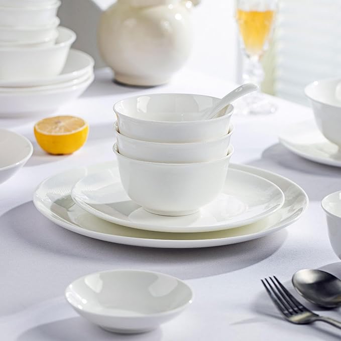 White Ceramic Dinnerware Set: Plates & Bowls for Kitchen, Microwave & Dishwasher Safe Dishes Collection (38pcs)