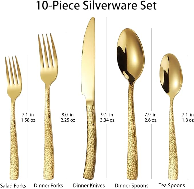 Gold Hammered Silverware Set for 2, MIKIWAY 10 Pieces Stainless Steel Luxury Flatware Set, Cutlery Tableware Set, Kitchen Utensils Set Include Spoons And Forks Set, Mirror Polished, Dishwasher Safe