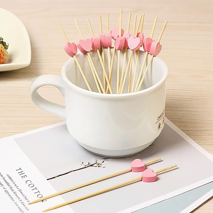 100pcs Pink Heart Cocktail Picks 4.7" Long Fruit Sticks Food Toothpicks Sandwich Appetizer Charcuterie Skewers, Made of Bamboo Wood, for Birthday Wedding Valentines Galentines Day Party Decorations