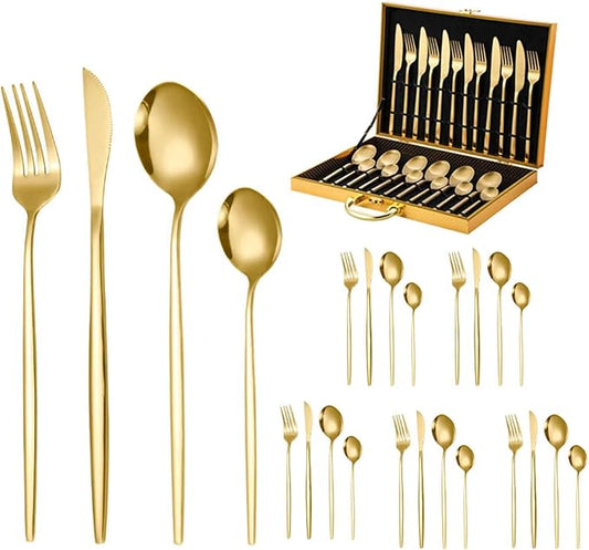 24 PCS Fine Flatware Set, Flatware Serving Set for 6, Utensil Set for Home and Restaurant Include Knives/Forks/Spoons, Dishwasher Safe, for Outdoor Camping Picnic(Size:C,Color:Gold)
