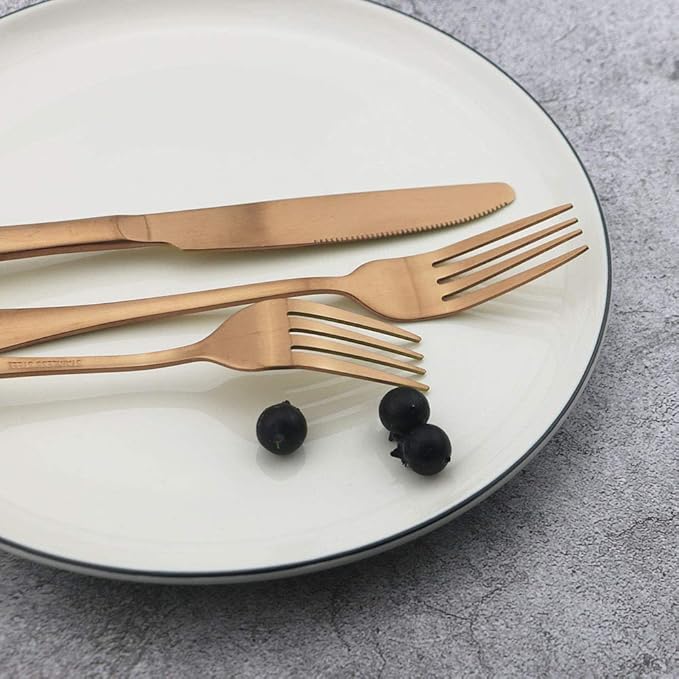 JASHII 4 Pieces 304 Stainless Steel Rose Cutlery Set Home Kitchen Silverware Set, Matte, Knife/Fork/Spoon, Modern Elegant Silverware Set for Party, Christmas (Rose full)