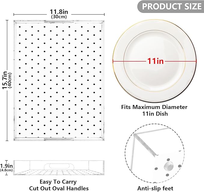 Serving Tray with Handles Clear Acrylic Tray 12x16 Inch Decorative Rectangular Tray Organizer for Ottoman Coffee Table Bathroom Black Polka Dot White