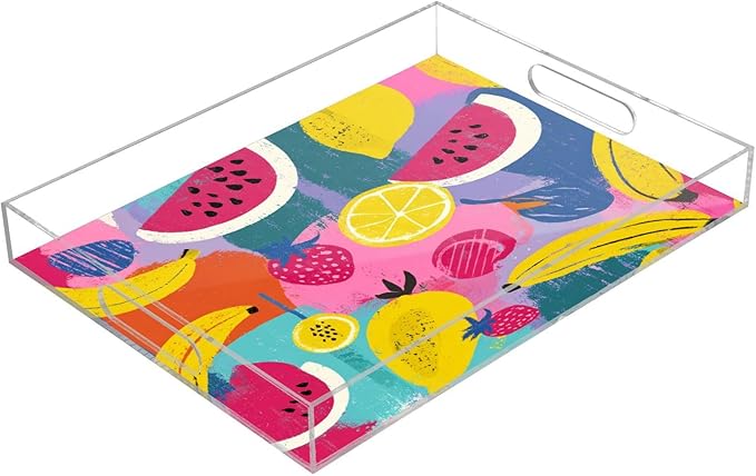 Serving Tray with Handles Clear Acrylic Tray 12x16 Inch Decorative Rectangular Tray Organizer for Ottoman Coffee Table Bathroom Colorful Watermelon Banana Strawberry Mango
