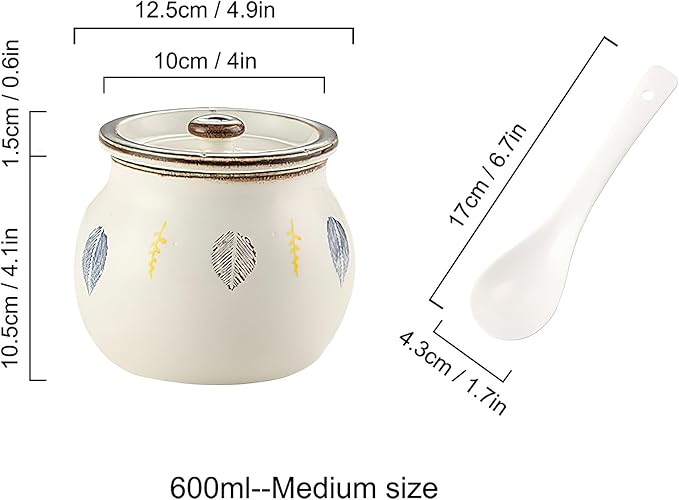 Ceramic Salt and Sugar Bowl, Porcelain Condiment Jars with Lid and Spoon, Seasoning Spice Pot Bowl, Salt Sugar Pepper Storage Jar, 600ml, Leaves