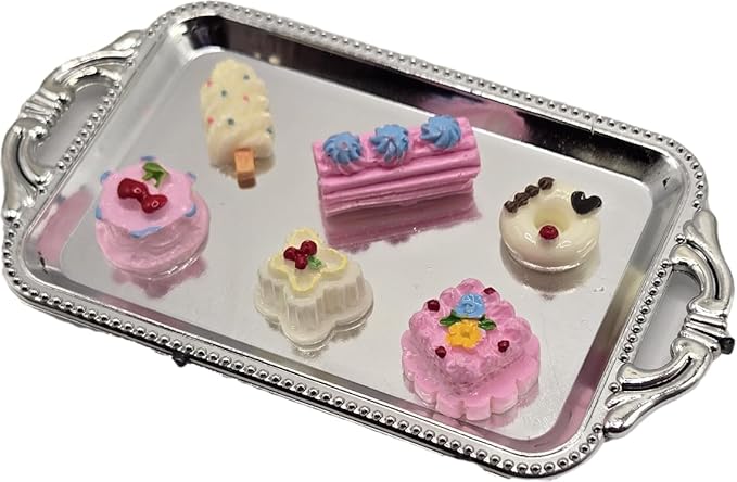 Tea Time Mini Silver Rectangle Serving Tray with 6 Mini Play Sweets - Great Size for 18" Dolls