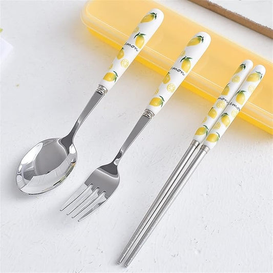 Silverware Set, Ceramic Handle Dinnerware Set Flatware Kitchen Accessories Camping Travel Sets Fork Spoon Portable Cutlery Sets with Case, Lemon Strawberry Watermelon Pineapple Fruit series