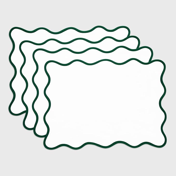 Solino Home Scallop Placemats Set of 4-100% Pure Linen Christmas Green and White Placemats 14 x 19 Inch - Giselle Scallop Edge, Handcrafted and Machine Washable