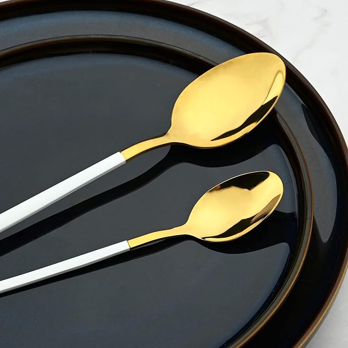24-Piece Flatware Set, 18/0 Stainless Steel Knife Fork Spoon Teaspoon Silverware Set, Service for 6, White slender handle Gold
