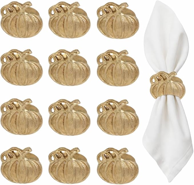 Napkin Rings Set of 12 Pumpkin Napkin Holder Buckles Round Serveitte Rings for Fall Thanksgiving Christmas Dinner Table Decor Wedding Banquet Party Easter (Antique Gold) - ALPHA Living HOME