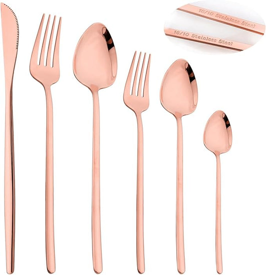 36-piece Copper 18/10 Stainless Steel Flatware Set, Resuable Cutlery Set For 6, Complete Tableware Set For Home Restaurant Wedding Party Daily Meal, Mirror Polish