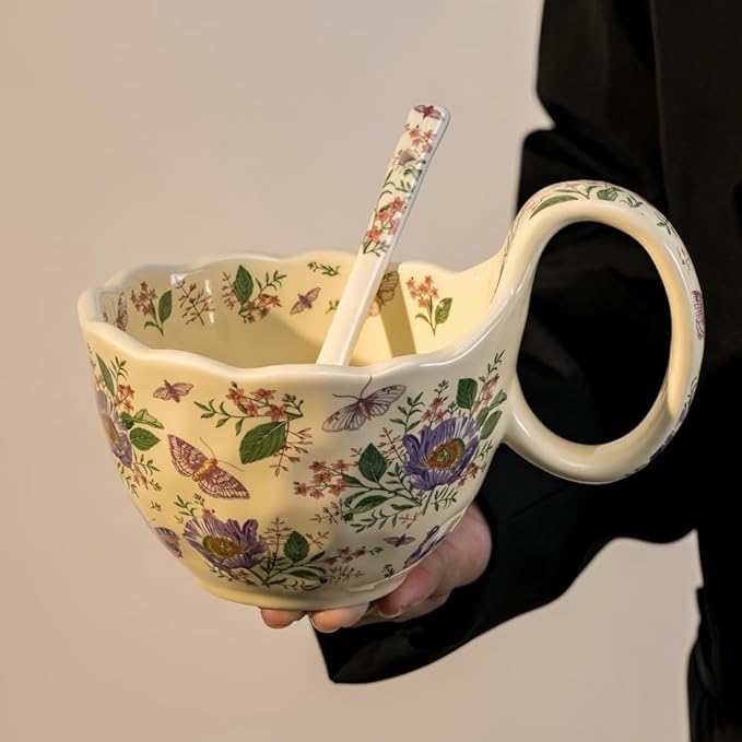 16.91oz/500ml Handpainted Soup Bowl with Handle,Ceramic Cereal Bowl Microwave & Dishwasher Safe,Loop Handle Bowl Great for Soup,Yogurt,Snack,Chip,Stew,Ice Cream,Coffee (Aster)