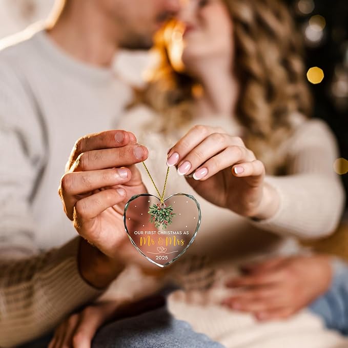 First Christmas Married Ornament 2025 - Wedding Gifts - Mr and Mrs Gifts - Wedding Gift for Couples 2025, Bride, Future Mr and Mrs - Bridal Shower Gift for Married Newlywed - Glass Ornament