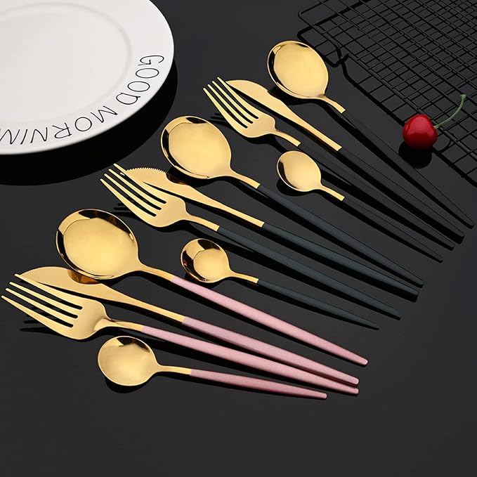 JASHII 24-piece Forks and Spoons Silverware Set with Stand, Metal Tableware Cutlery Set Pink and Gold Plated Stainless Steel Flatware Set,Service for 6,Mirror Polished