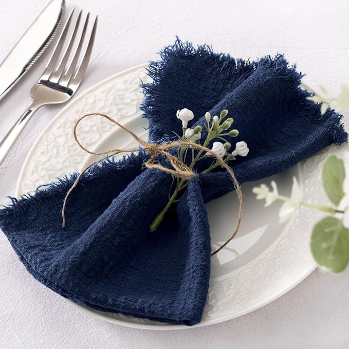 Socomi Set of 12 Linen Napkins Navy Blue Easter Spring Cloth Napkins Washable Cotton Dinner Napkins Fringe 17"x17" for Wedding Party Bridal Baby Shower Birthday Table Decorations