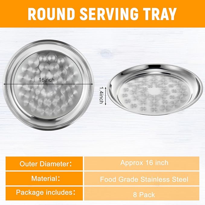 8 Pack Stainless Steel Round Serving Tray with Swirl Pattern Bulk Large Round Tray Silver Metal Display Serving Platter for Coffee Party Club Home (16 Inch)