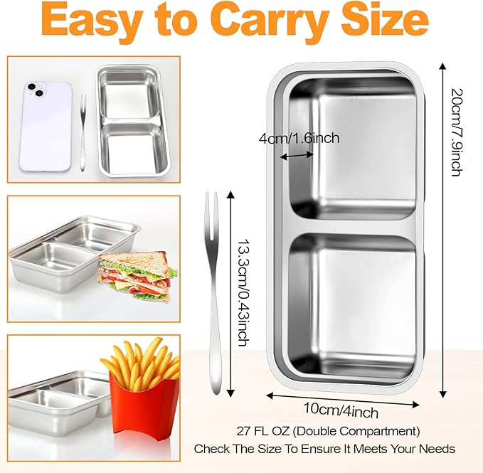 Stainless Steel Snack Containers with Lids, Reusable Bento Lunch Container Box, Food Storage, Leak Proof, Dishwasher-Safe, Grab and Go for Work, 2 Pack-Double Compartment