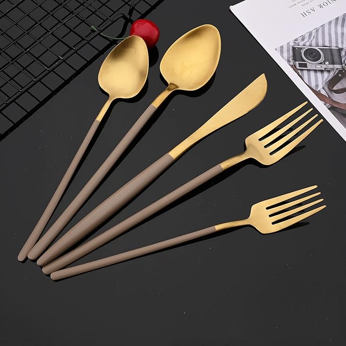 JASHII Slim Handle Silverware Set 20 Pieces, 304 Stainless Steel Colorful Flatware Set, Titanium Plating Cutlery Set, Utensil Sets for Home Dinner Service for 4, Dishwasher Safe - Brown&Gold