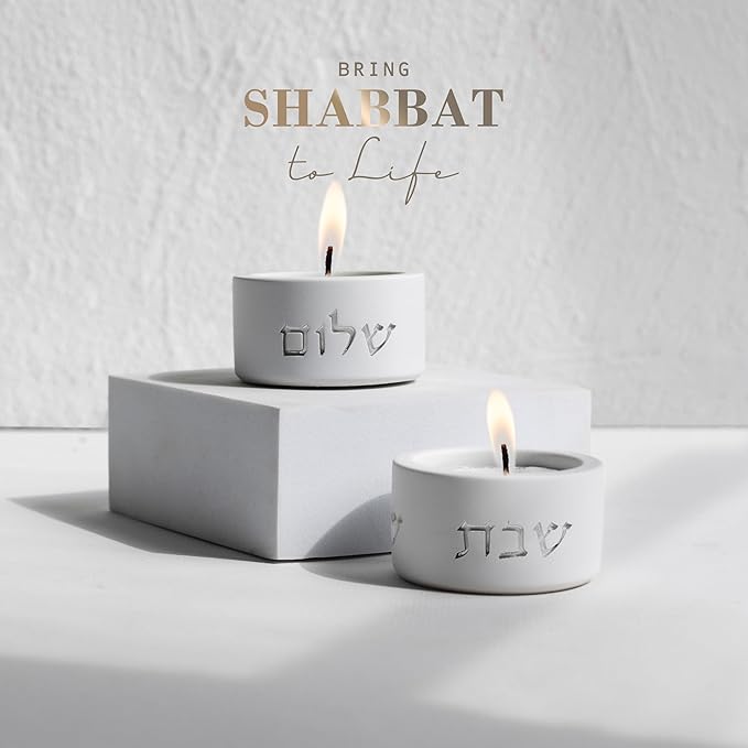 SURI Shabbat Candle Holders Set – Modern Judaica Shabbat Candlesticks for Tea Lights – Concrete Shabbos Candles Holders, Dripless Design – Jewish Gift & Home Decor