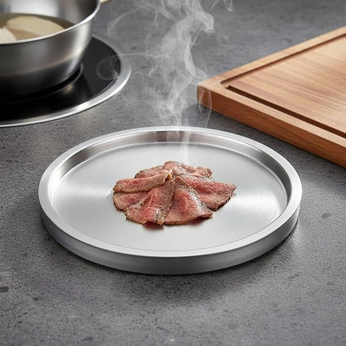 Korean BBQ Serving Tray Dishwasher Stainless Steel Round Dish-Piece Construction Stainless Steel Serving Tray for Hot Pot, Silver, 23CM