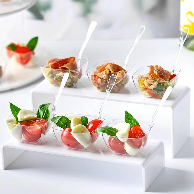 Zezzxu 100 Pack 2 oz Mini Dessert Cups with Spoons, Clear Plastic Reusable Small Square Party Serving Tiny Bowls for Individual Appetizers, Trifle, Cheesecake, Hors D'oeuvres