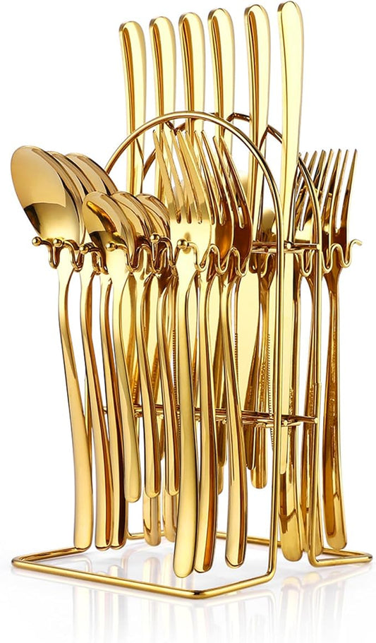 24 Pieces Flatware Set, Stainless Steel Cutlery Set with Silverware Holder, Spoons Forks Knives Set,Hanging Silverware Set Service for 6,Dishwasher Safe (Gold)