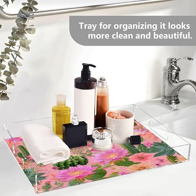 Serving Tray with Handles Clear Acrylic Tray 12x16 Inch Decorative Rectangular Tray Organizer for Ottoman Coffee Table Bathroom Cacti Succulents and Bright Pink Flowers