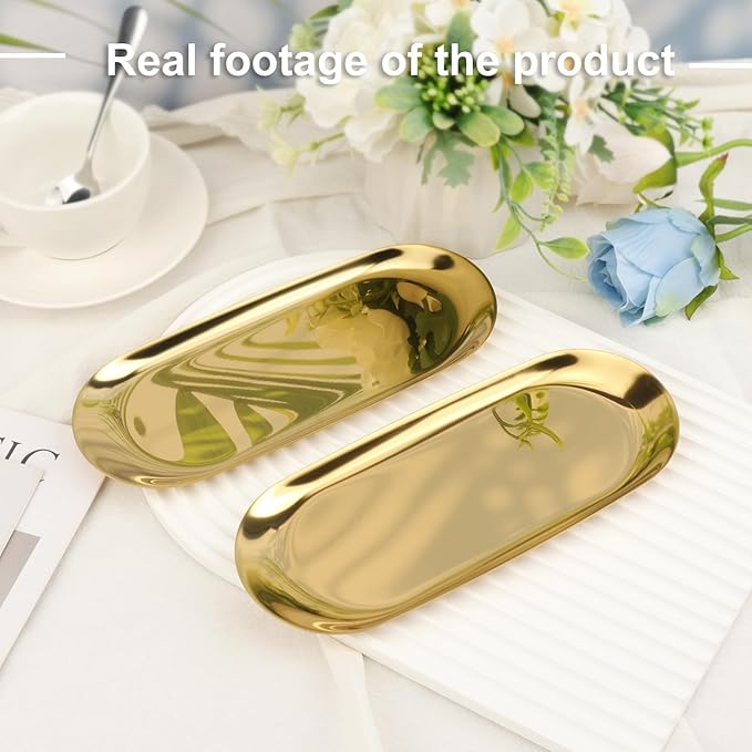 8 Pack 9 Inch Oval Stainless Steel Decorative Tray, Stainless Steel Tea Fruit Tray, 9 inch Gold Oval Trays for Bathroom Vanity, Jewelry, Perfume & Key Organizer (Gold)