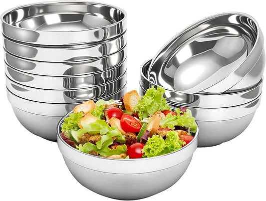 yarlung 10 Pack Stainless Steel Bowls 6.3 Inch Snacks Bowls, 25 Oz Soup Bowls Lightweight Salad Bowls Double-walled Metal Serving Dishes for Sauces, Noodle, Ice Cream