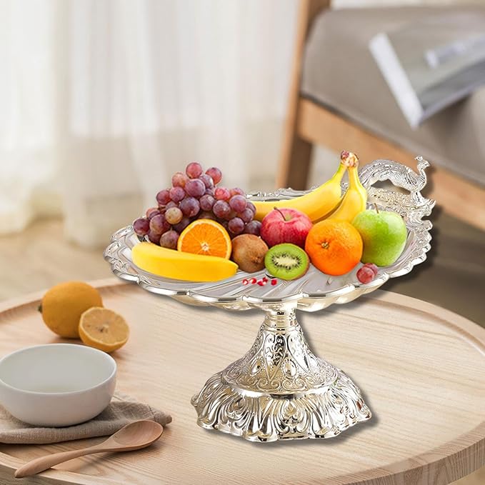 Fruit Plate Vegetable Holder with Base Decor Container Stand for Kitchen Counter Home Bread Snacks Serving Tray- Silver