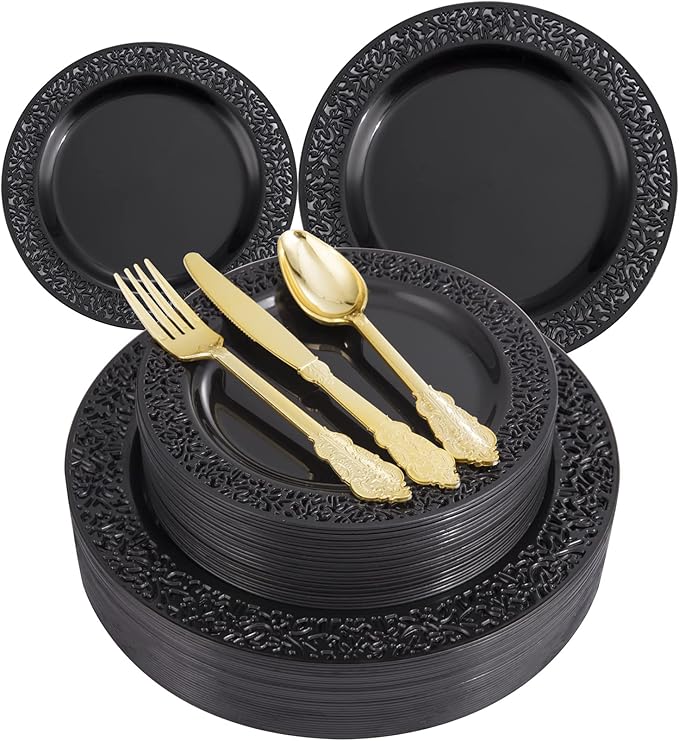 U-QE 150PCS Black Plastic Plates with Gold Plastic Silverware, Black New Years Plates Disposable for Party Include 30 Dinner Plates 10.25", 30 Salad Plates7.5", 30 Forks, 30 Knives, 30 Spoons
